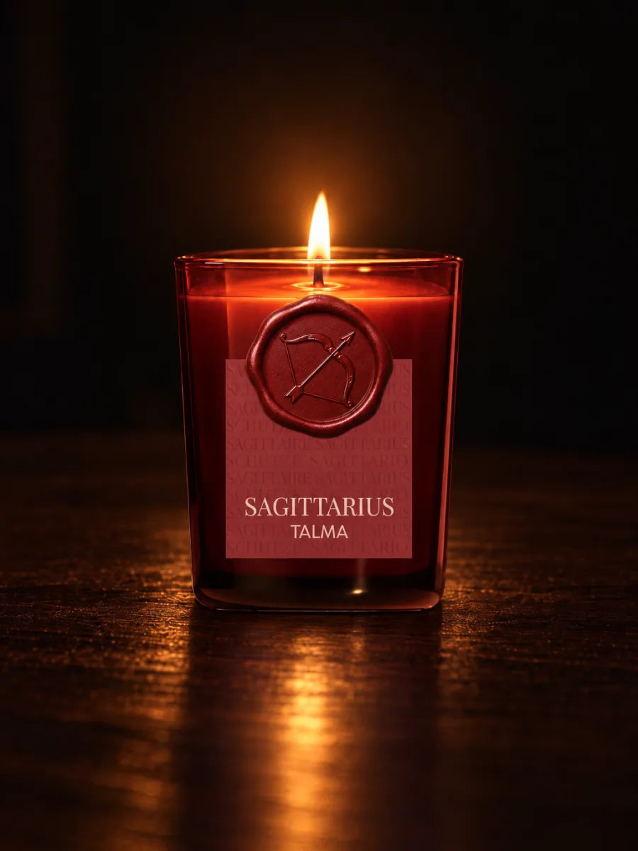 The Sagittarius candle lit in the dark, its wax seal on the red glass.