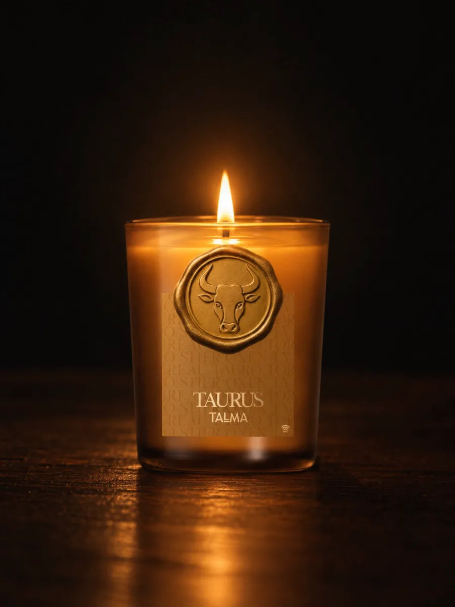 The Taurus candle lit in the dark, its wax seal on the amber glass.