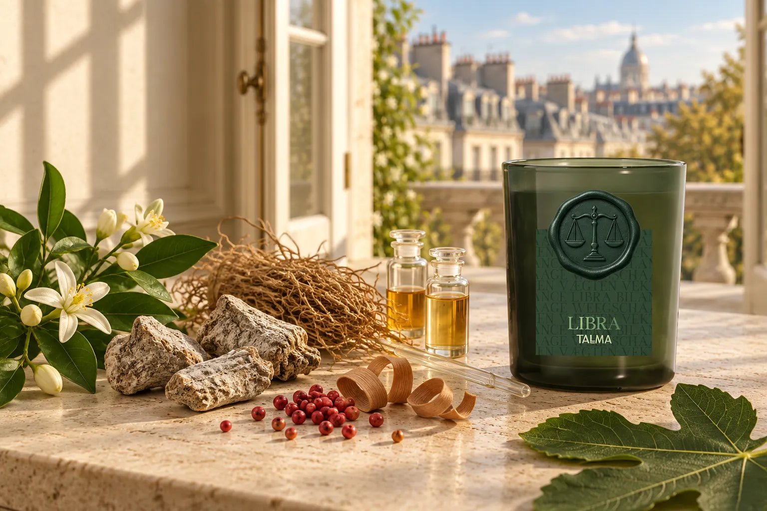 The raw materials of a perfume laid on stone by a window: orange blossom, iris and vetiver roots, cedar shavings, two vials, and the Libra candle.