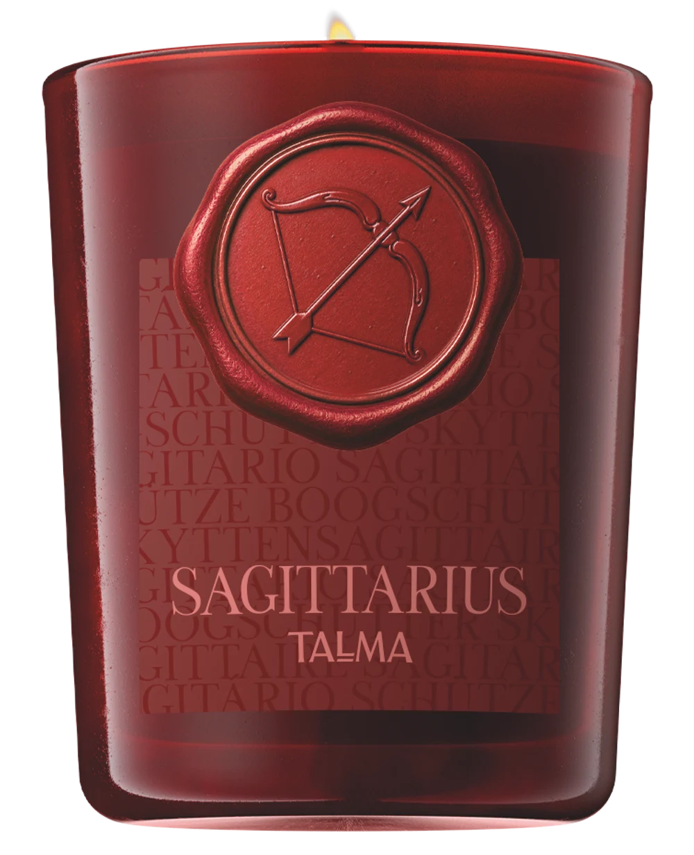 The Sagittarius candle, front view, red glass