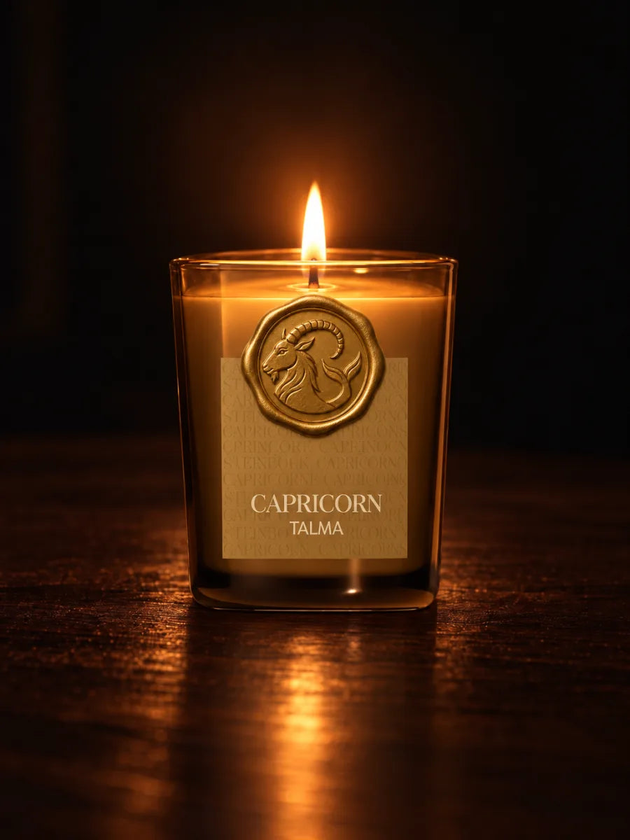 The Capricorn candle lit in the dark, its wax seal on the amber glass.