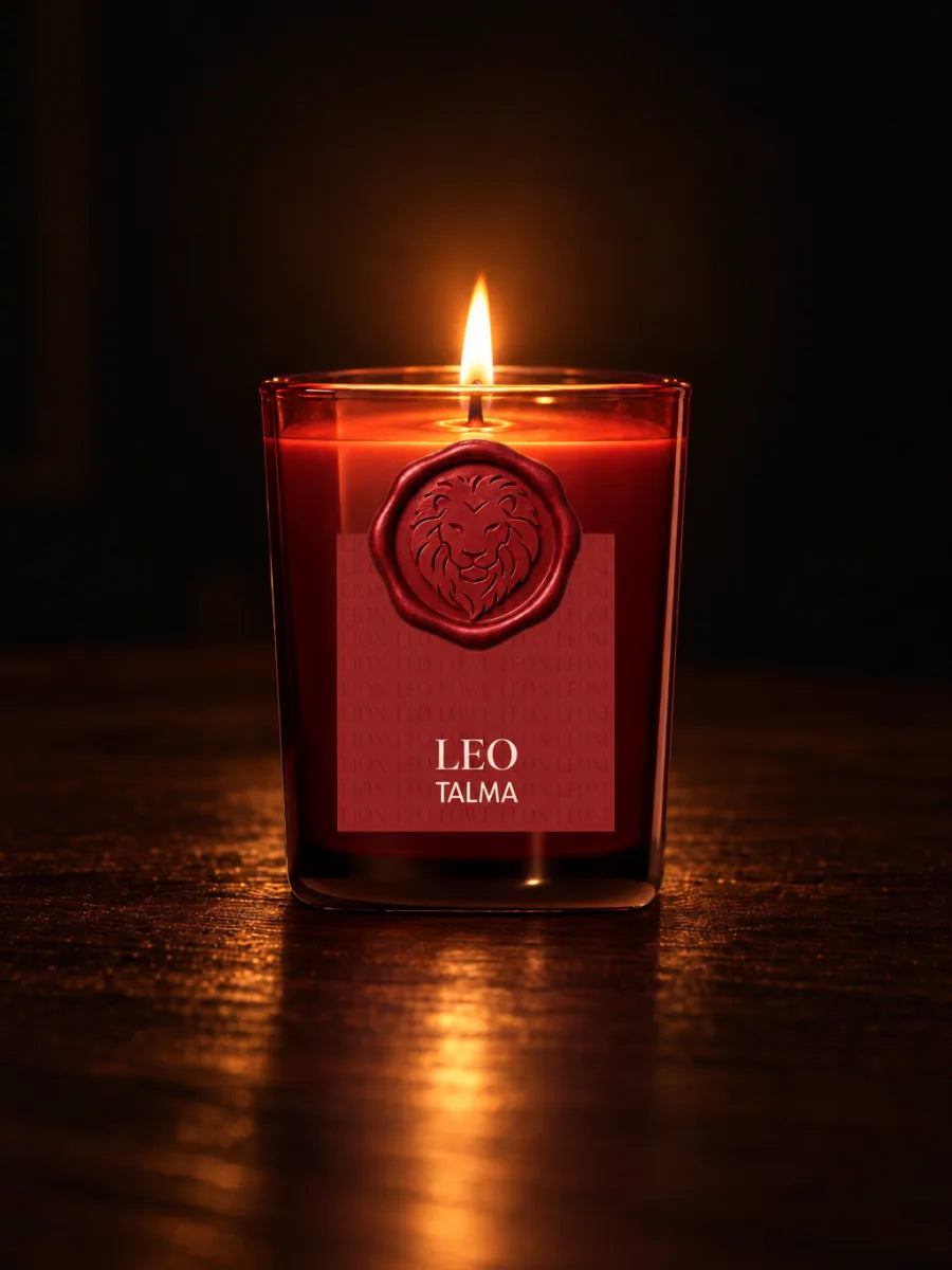 The Leo candle lit in the dark, its wax seal on the red glass.