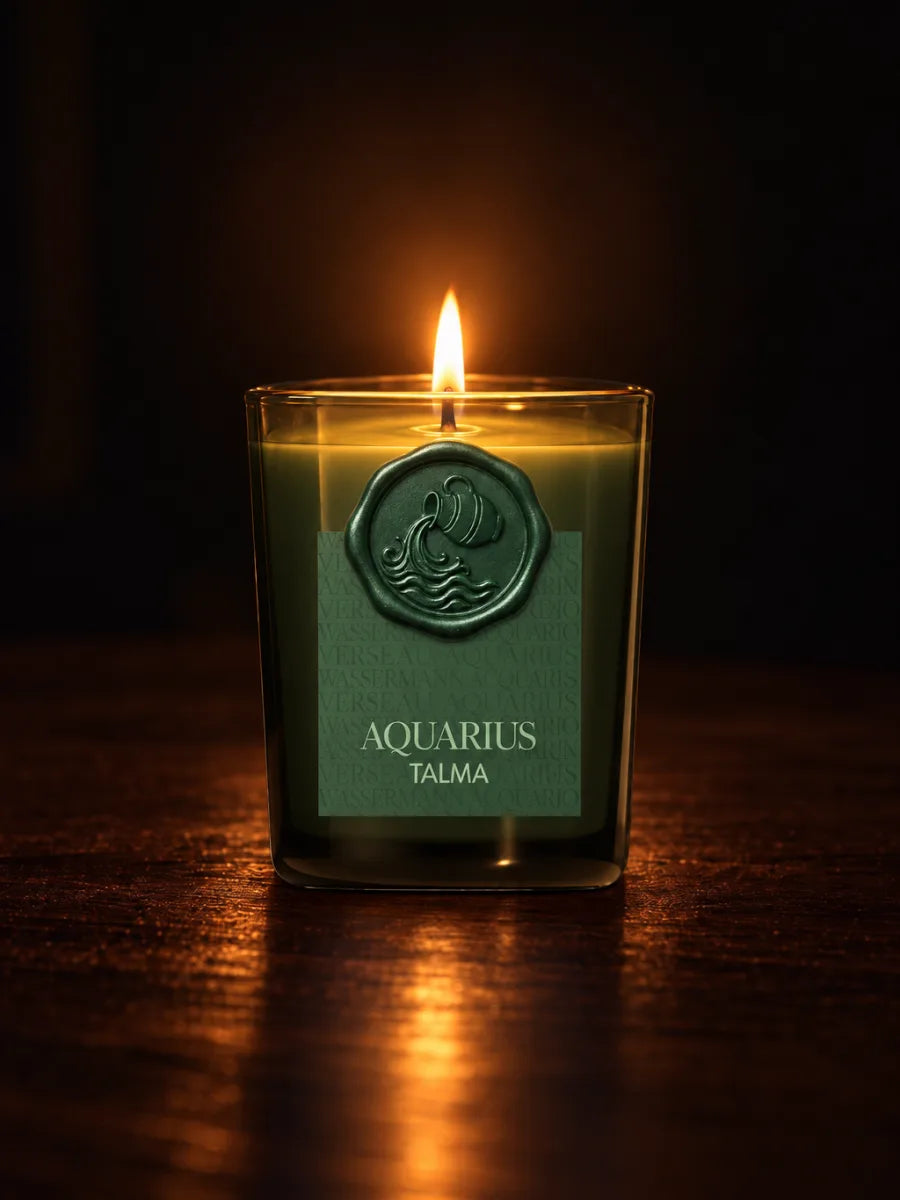 The Aquarius candle lit in the dark, its wax seal on the green glass.